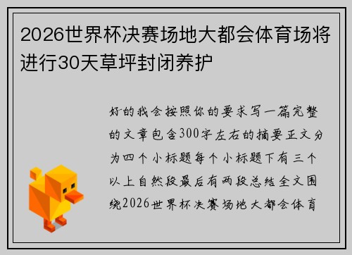 2026世界杯决赛场地大都会体育场将进行30天草坪封闭养护