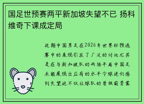 国足世预赛两平新加坡失望不已 扬科维奇下课成定局 国足世预赛两平新加坡失望不已 扬科维奇下课成定局