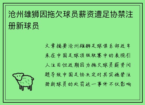 沧州雄狮因拖欠球员薪资遭足协禁注册新球员