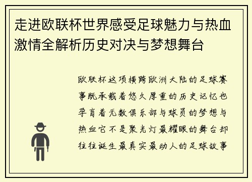 走进欧联杯世界感受足球魅力与热血激情全解析历史对决与梦想舞台