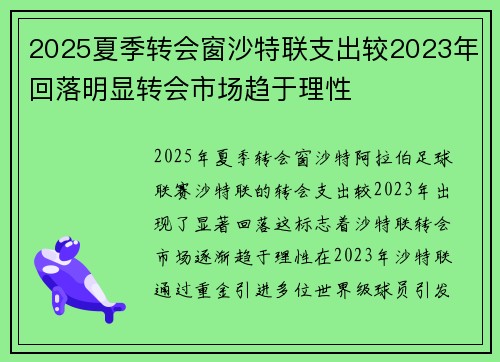 2025夏季转会窗沙特联支出较2023年回落明显转会市场趋于理性